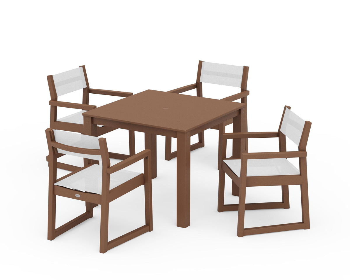 POLYWOOD EDGE Sling Arm Chair 5-Piece Parsons Dining Set in Teak / White