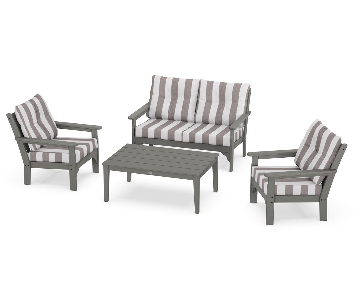 POLYWOOD Vineyard 4-Piece Deep Seating Set with Two Chairs and Loveseat in Slate Grey / Cabana Stripe Grey Mist