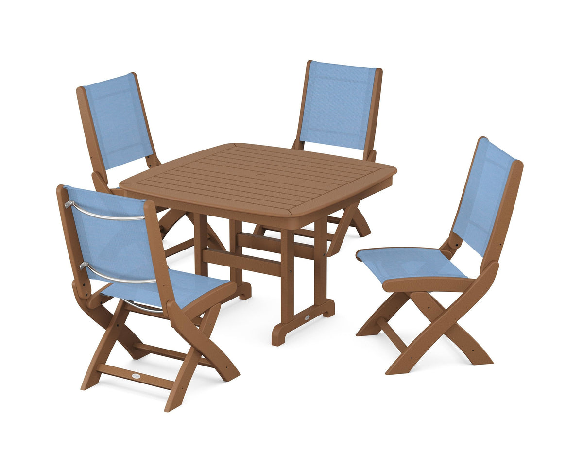POLYWOOD Coastal Folding Side Chair 5-Piece Dining Set with Nautical 44" Dining Table in Teak / Poolside