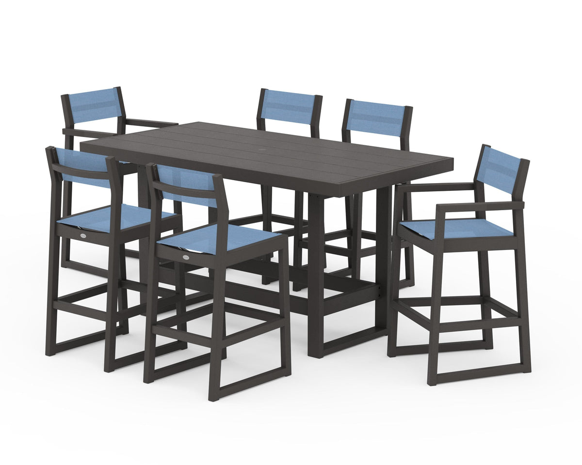 POLYWOOD EDGE Sling 7-Piece Bar Table Set in Vintage Coffee / Poolside