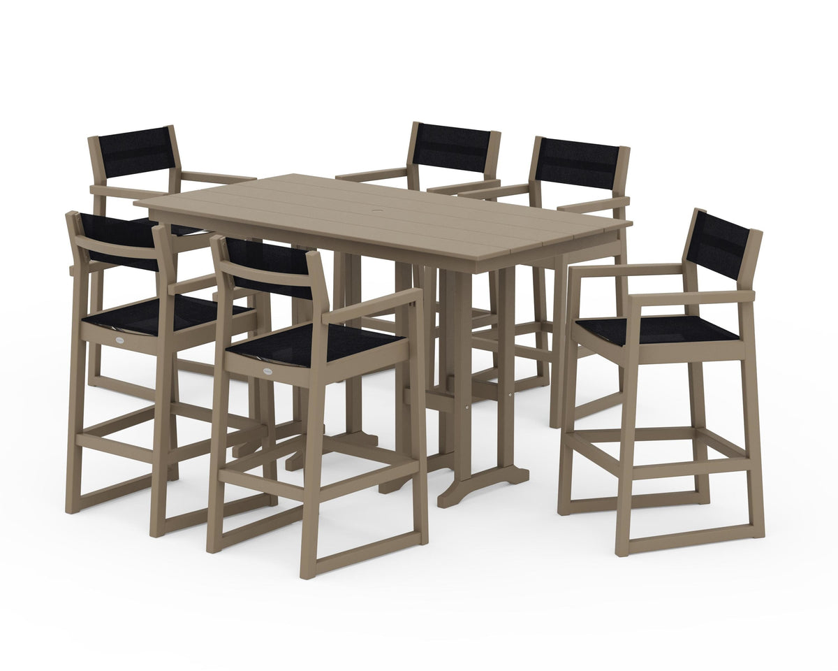 POLYWOOD EDGE Sling Arm Chair 7-Piece Farmhouse Bar Set in Vintage Sahara / Black