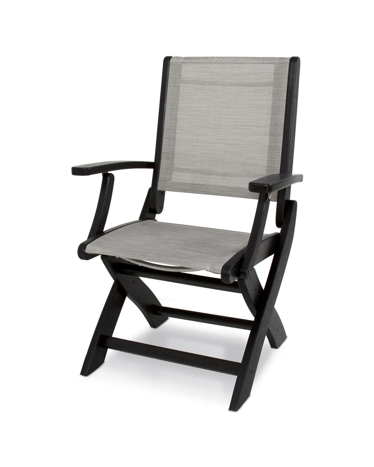 POLYWOOD Coastal Folding Chair in Black with Black arms and Metallic sling