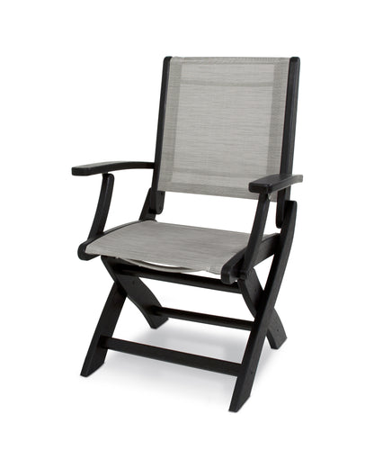 POLYWOOD Coastal Folding Chair in Black with Black arms and Metallic sling