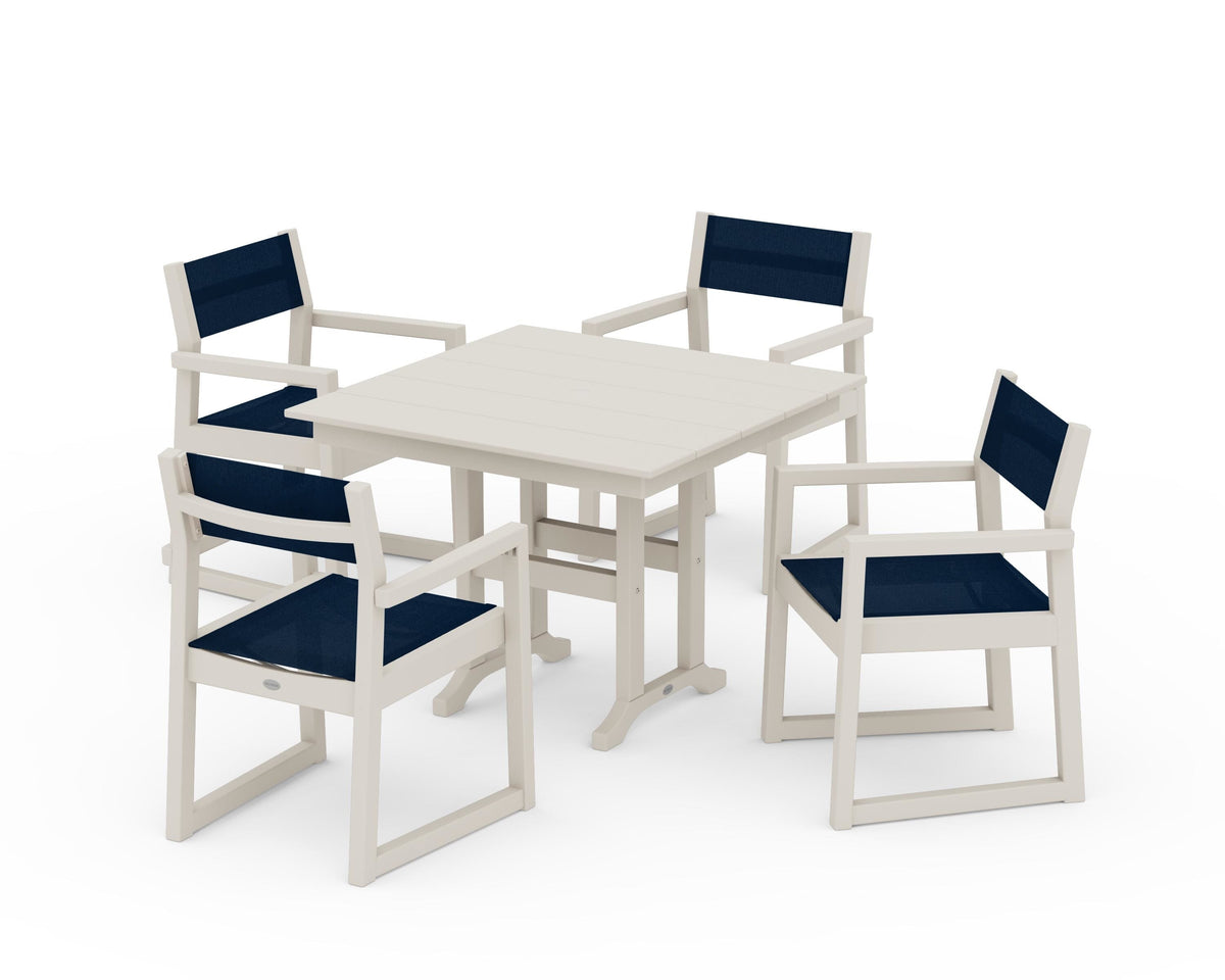 POLYWOOD EDGE Sling Arm Chair 5-Piece Farmhouse Dining Set in Sand / Navy Blue