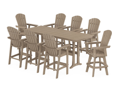 POLYWOOD Nautical Curveback Adirondack Swivel Chair 9-Piece Farmhouse Bar Set with Trestle Legs in Vintage Sahara