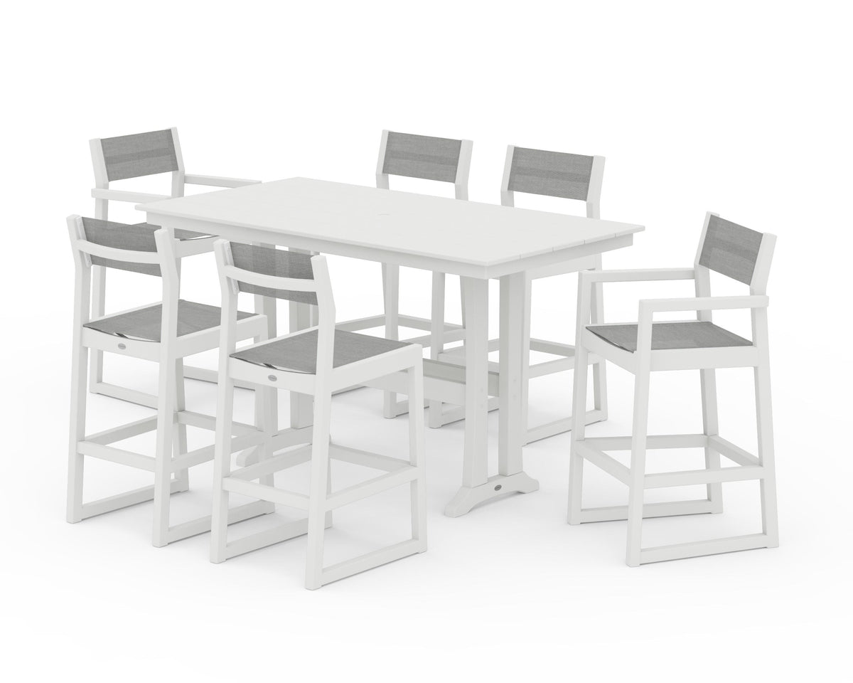 POLYWOOD EDGE Sling 7-Piece Farmhouse Bar Set with Trestle Legs in Vintage White / Metallic