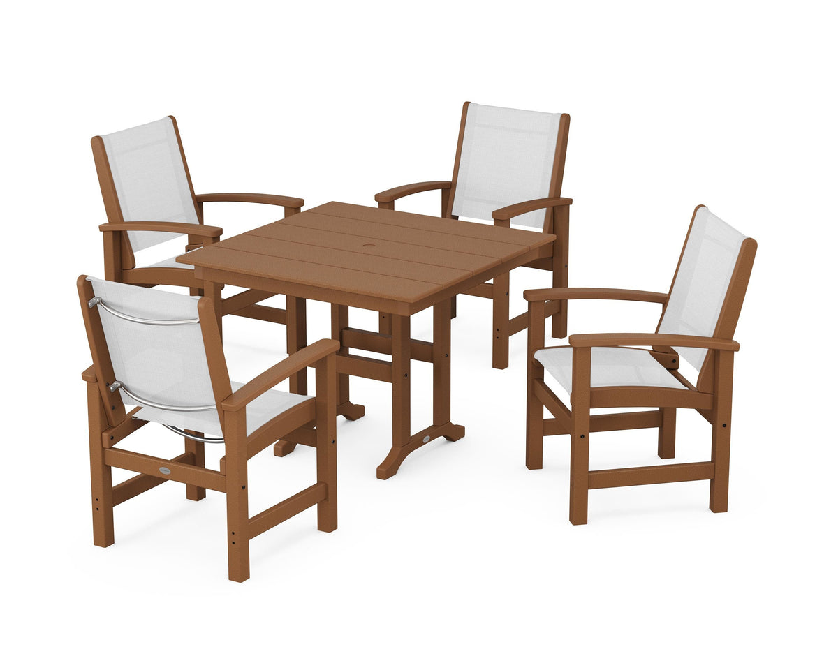 POLYWOOD Coastal 5-Piece Farmhouse Dining Set with Farmhouse 37" Dining Table in Teak / White