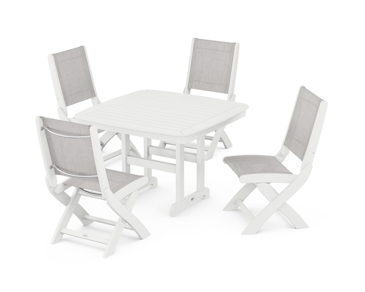 POLYWOOD Coastal Folding Side Chair 5-Piece Dining Set with Nautical 44" Dining Table in White / Parchment