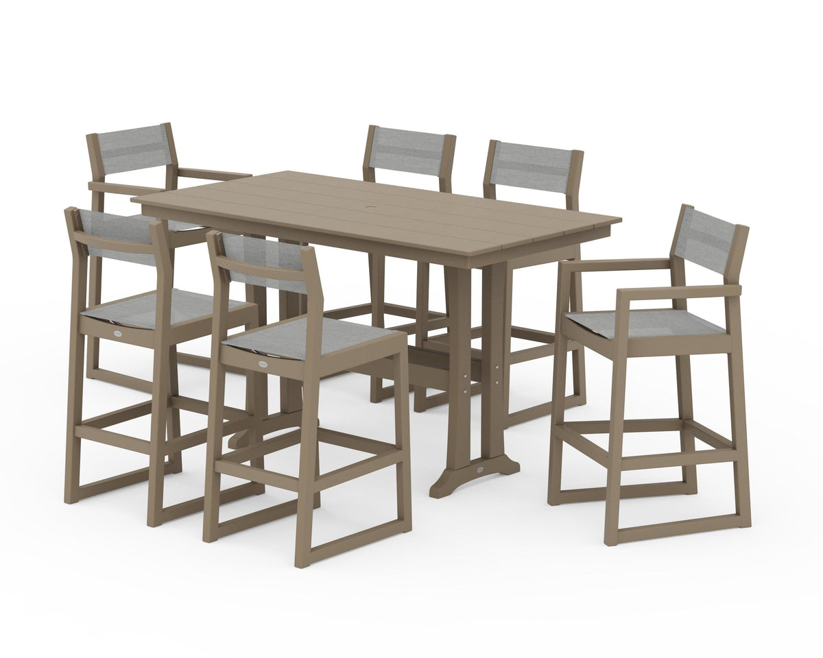 POLYWOOD EDGE Sling 7-Piece Farmhouse Bar Set with Trestle Legs in Vintage Sahara / Metallic