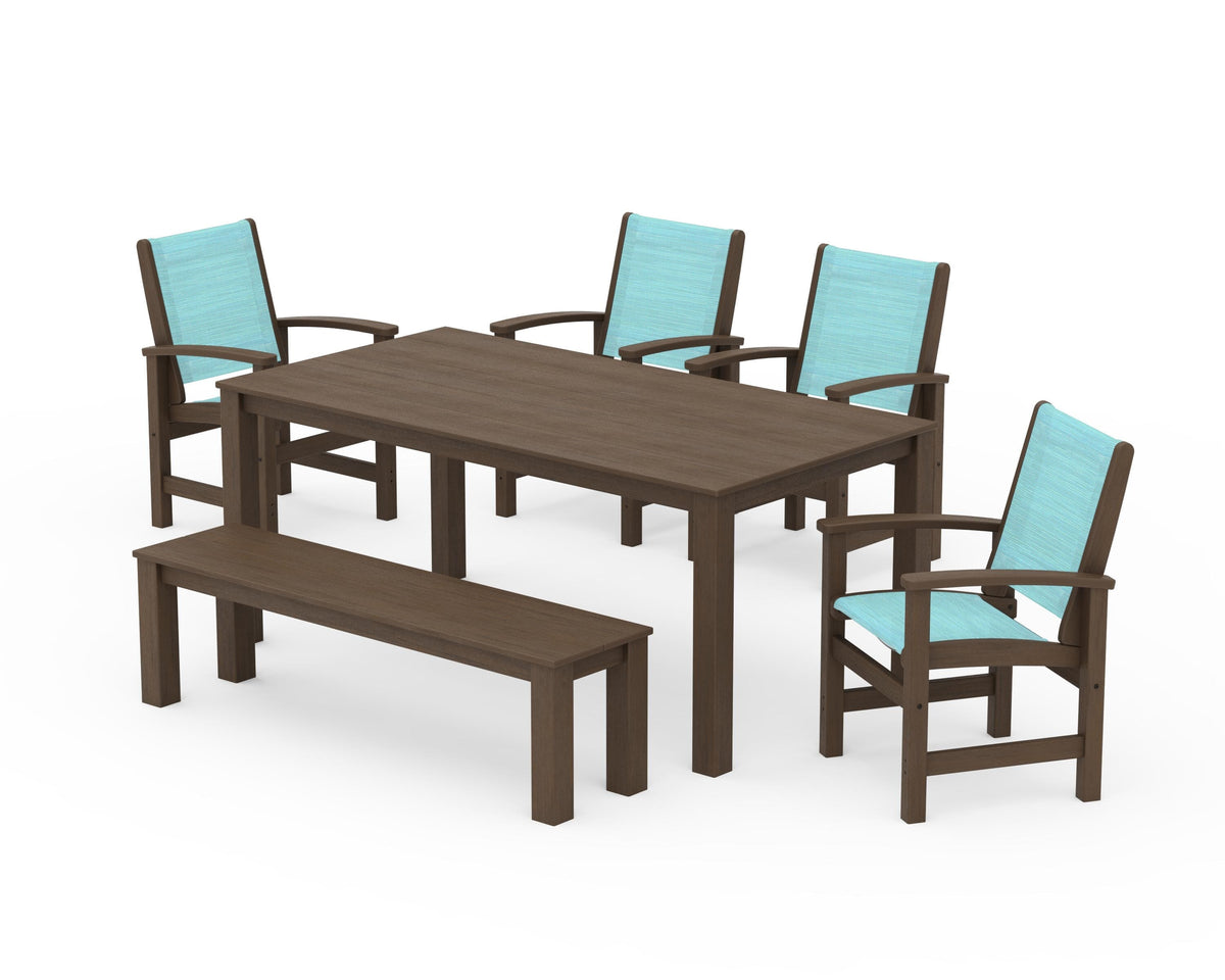 POLYWOOD Coastal 6-Piece Parsons Dining Set with Bench in Kona / Dupioni Aquamarine