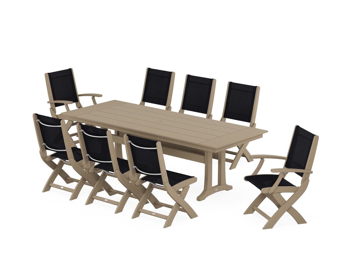 POLYWOOD Coastal 9-Piece Folding Dining Chair Farmhouse Dining Set with Trestle Legs in Vintage Sahara / Black