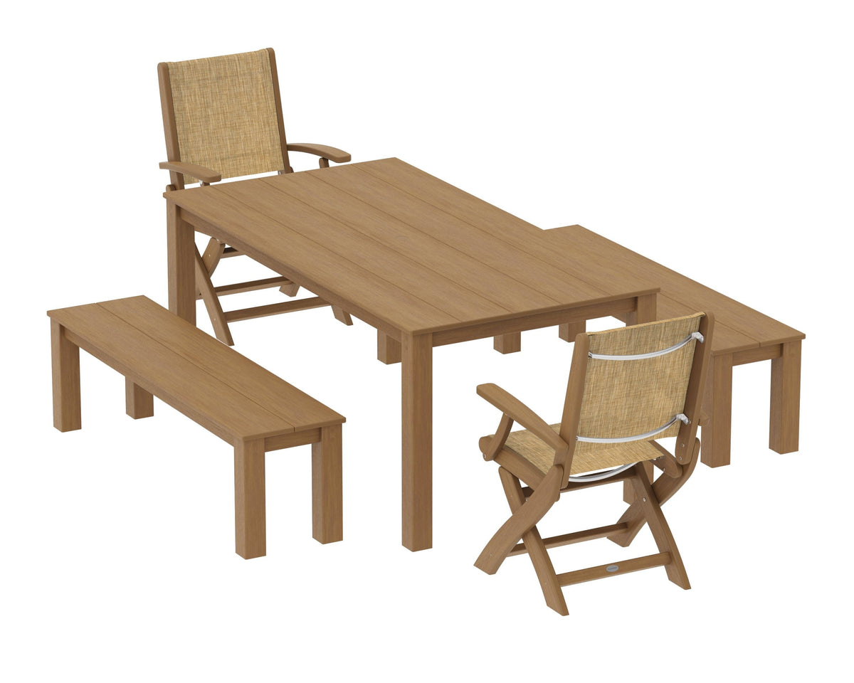 POLYWOOD Coastal Folding Chair 5-Piece Parsons Dining Set with Benches in Natural / Burlap