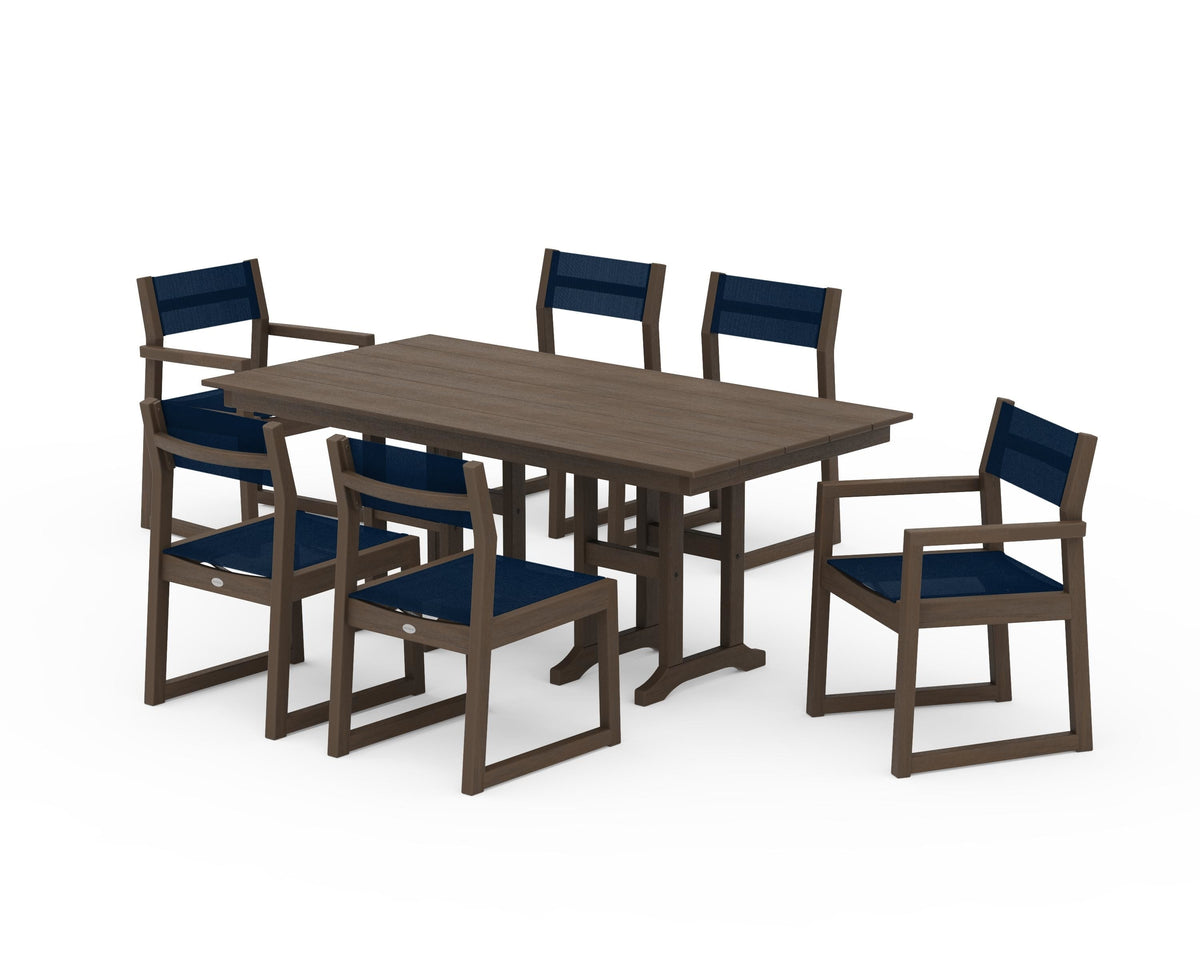 POLYWOOD EDGE Sling 7-Piece Farmhouse Dining Set in Kona / Navy Blue