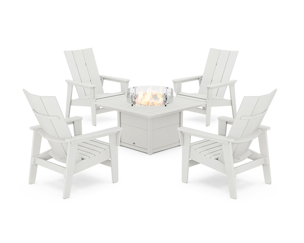 POLYWOOD 5-Piece Modern Grand Upright Adirondack Conversation Set with Fire Pit Table in Vintage White