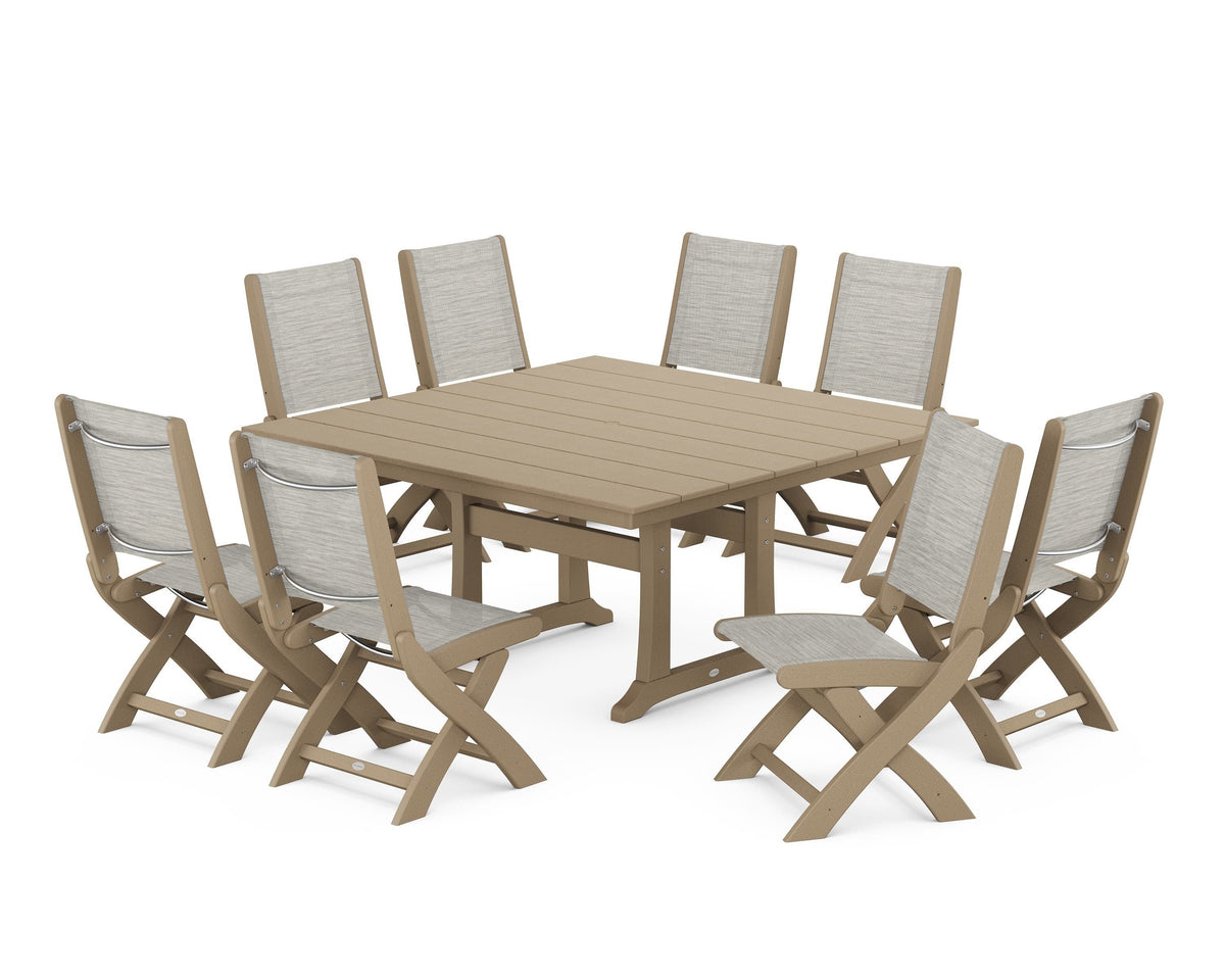 POLYWOOD Coastal Folding Side Chair 9-Piece Farmhouse Dining Set in Vintage Sahara / Birch