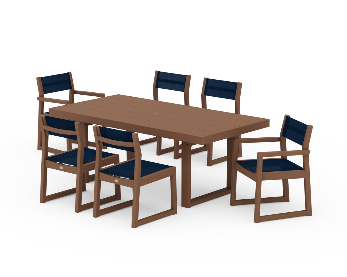 POLYWOOD EDGE Sling 7-Piece Dining Set in Teak / Navy Blue