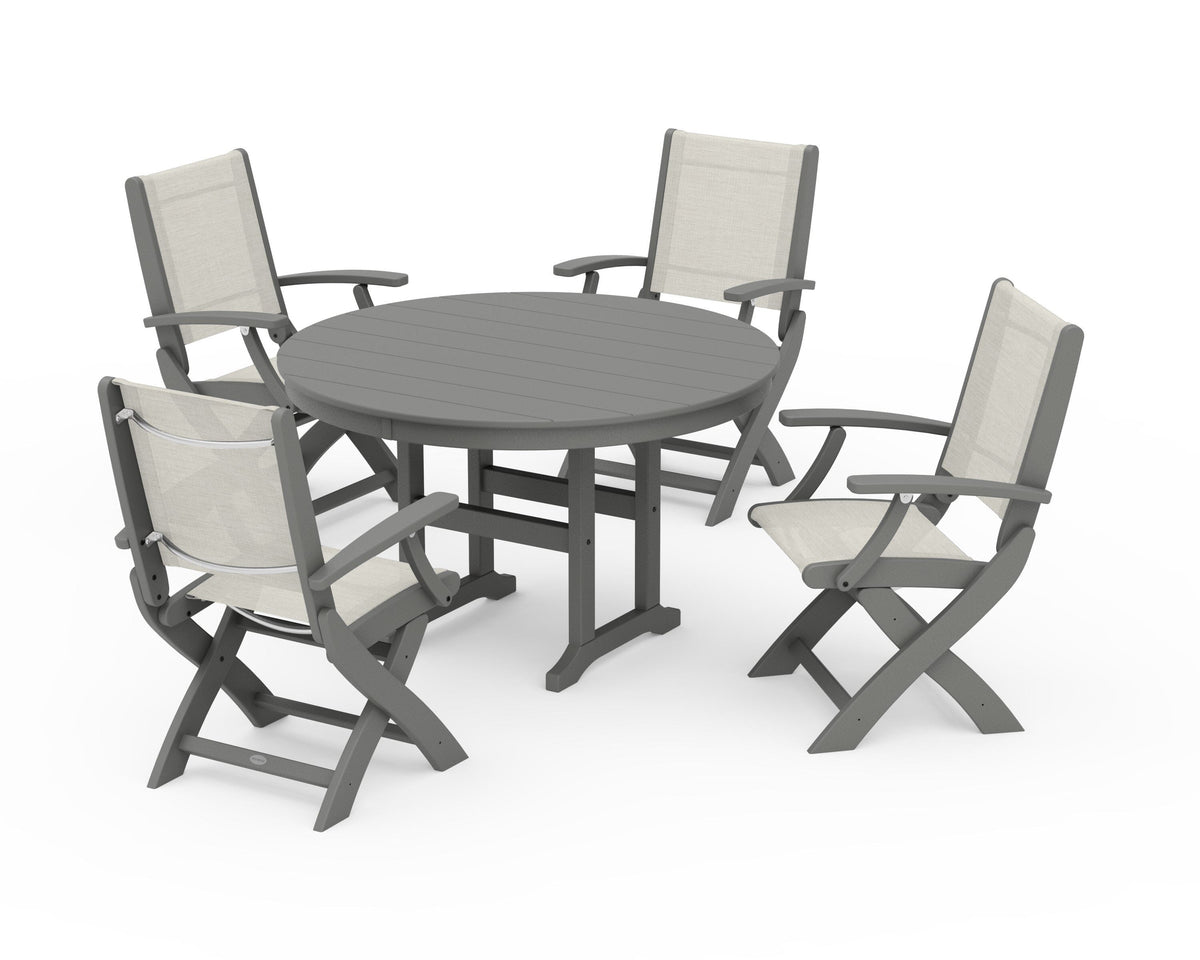 POLYWOOD Coastal Folding Chair 5-Piece Round Dining Set in Slate Grey / Parchment