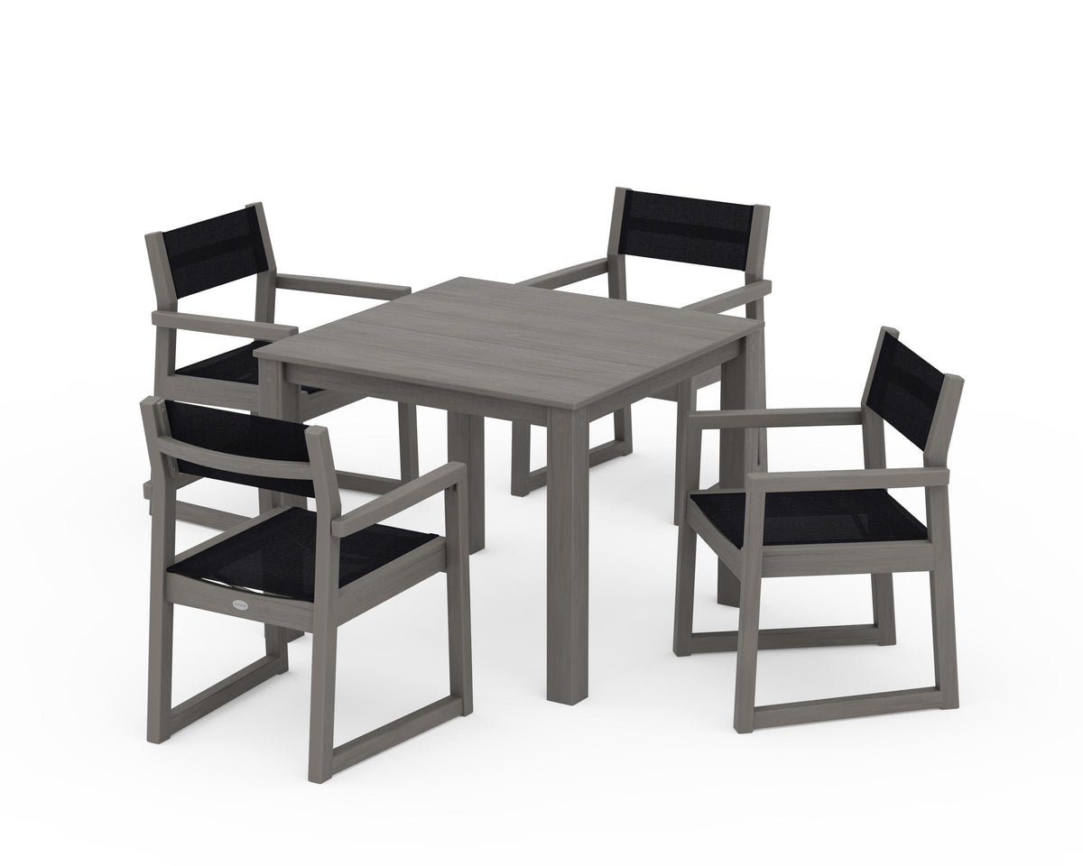 POLYWOOD EDGE Sling Arm Chair 5-Piece Parsons Dining Set in Driftwood / Black