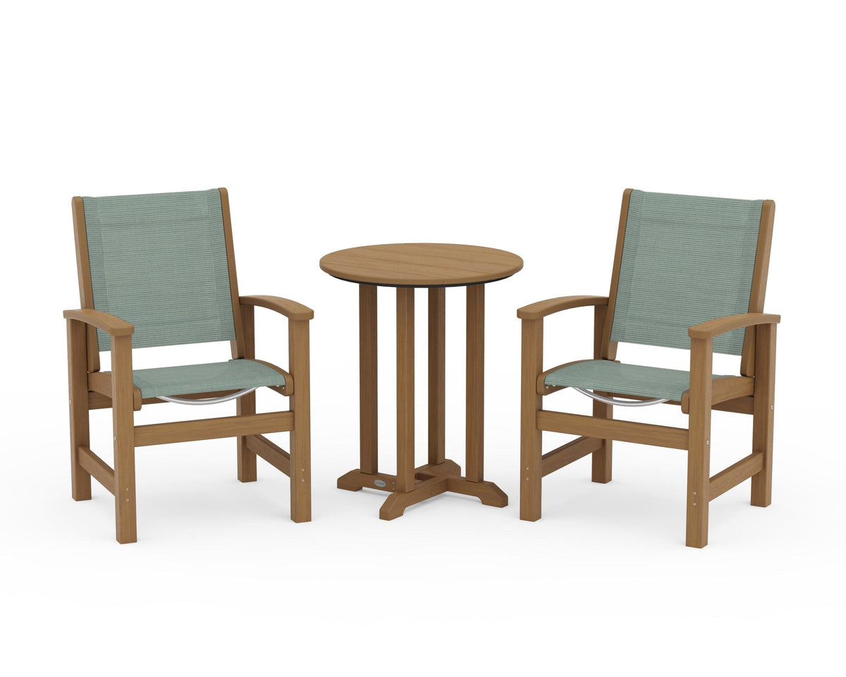 POLYWOOD Coastal 3-Piece Round Bistro Dining Set in Natural / Dupioni Sea Mist