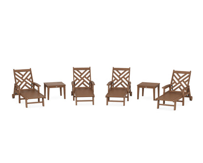 POLYWOOD Chippendale 6-Piece Chaise Set with Arms and Wheels in Teak