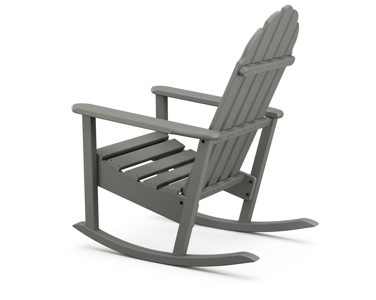 Angled view of the POLYWOOD Classic Adirondack Rocking Chair in Slate Grey