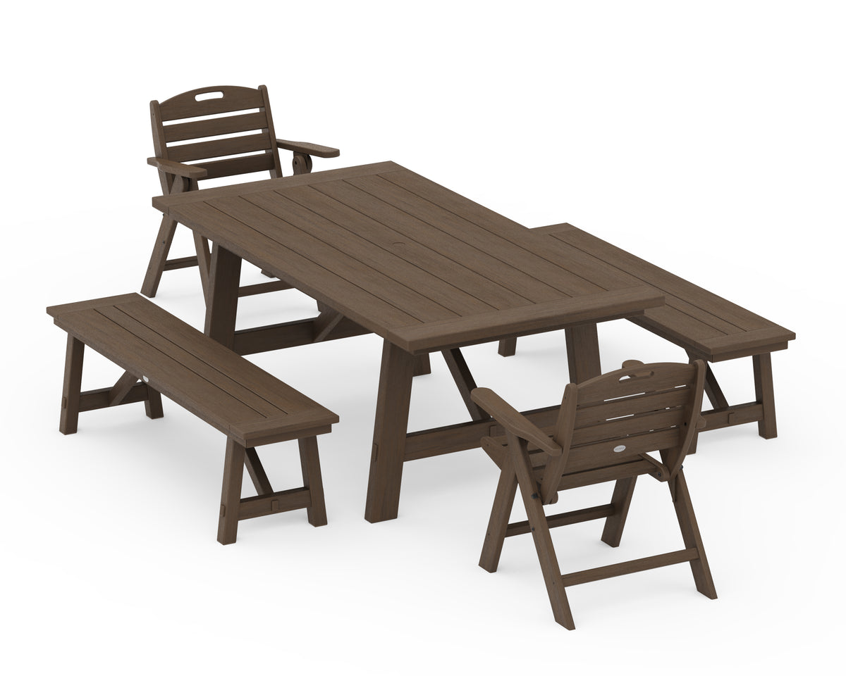 POLYWOOD Nautical Folding Lowback Chair 5-Piece Rustic Farmhouse Dining Set with Benches in Kona