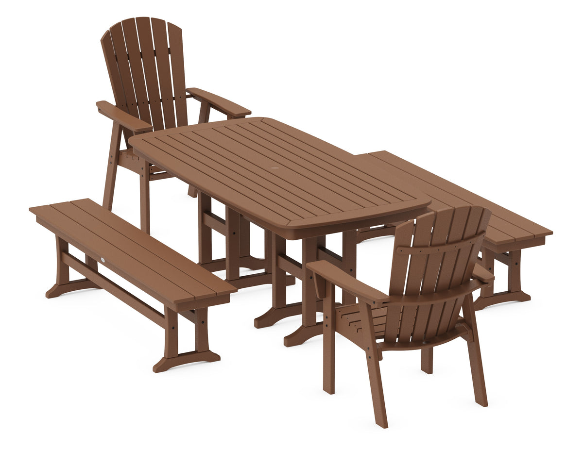 POLYWOOD Nautical Curveback Adirondack 5-Piece Dining Set with Benches - 37" x 72" Table in Teak