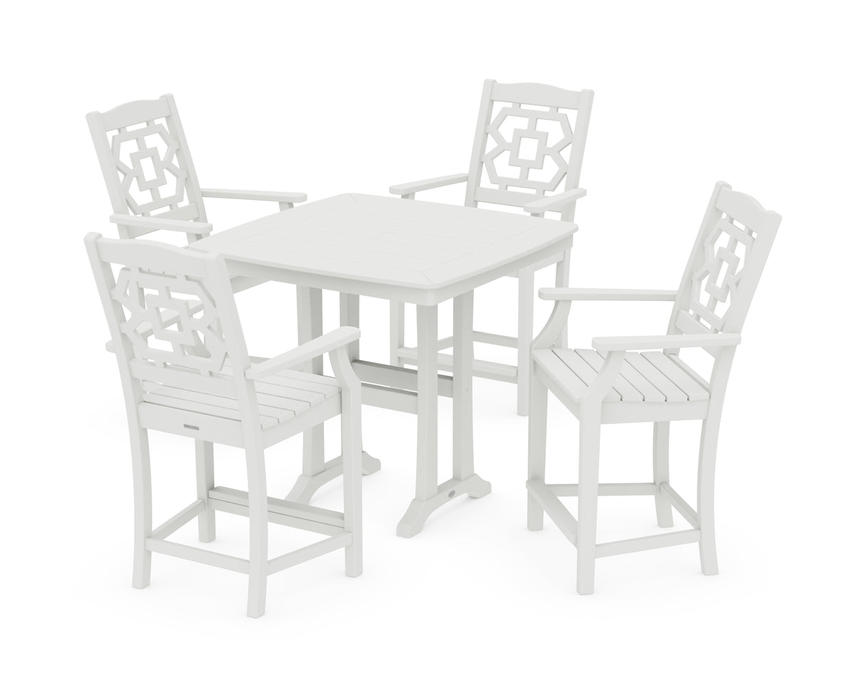 POLYWOOD Chinoiserie 5-Piece Counter Set with Trestle Legs in Vintage White