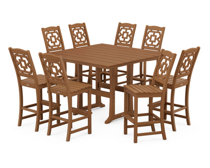 POLYWOOD Chinoiserie 9-Piece Square Farmhouse Side Chair Bar Set with Trestle Legs in Teak