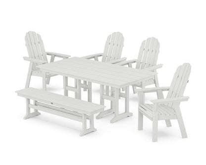 POLYWOOD Vineyard Curveback Adirondack Chair 6-Piece Farmhouse Dining Set with Bench in White