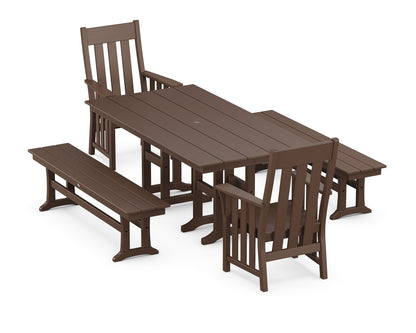 POLYWOOD Acadia 5-Piece Farmhouse Dining Set with Benches in Mahogany