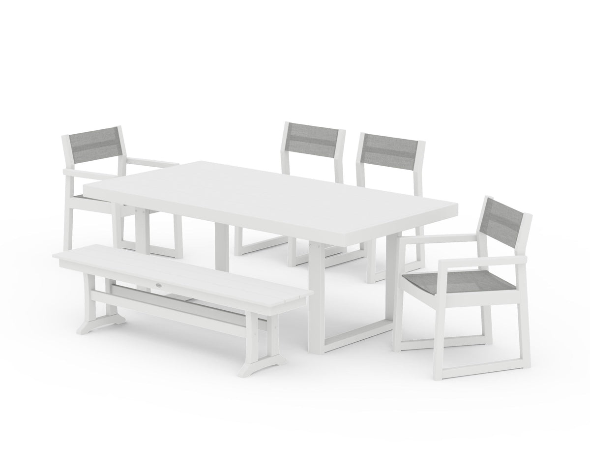 POLYWOOD EDGE Sling 6-Piece Dining Set with Bench in White / Metallic