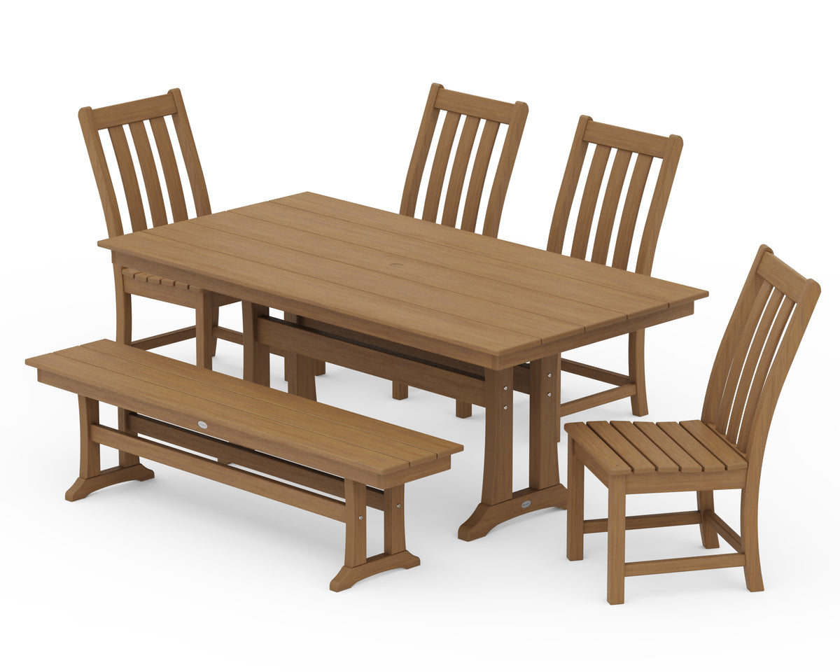 POLYWOOD Vineyard Side Chair 6-Piece Farmhouse Dining Set with Trestle Legs and Bench in Natural