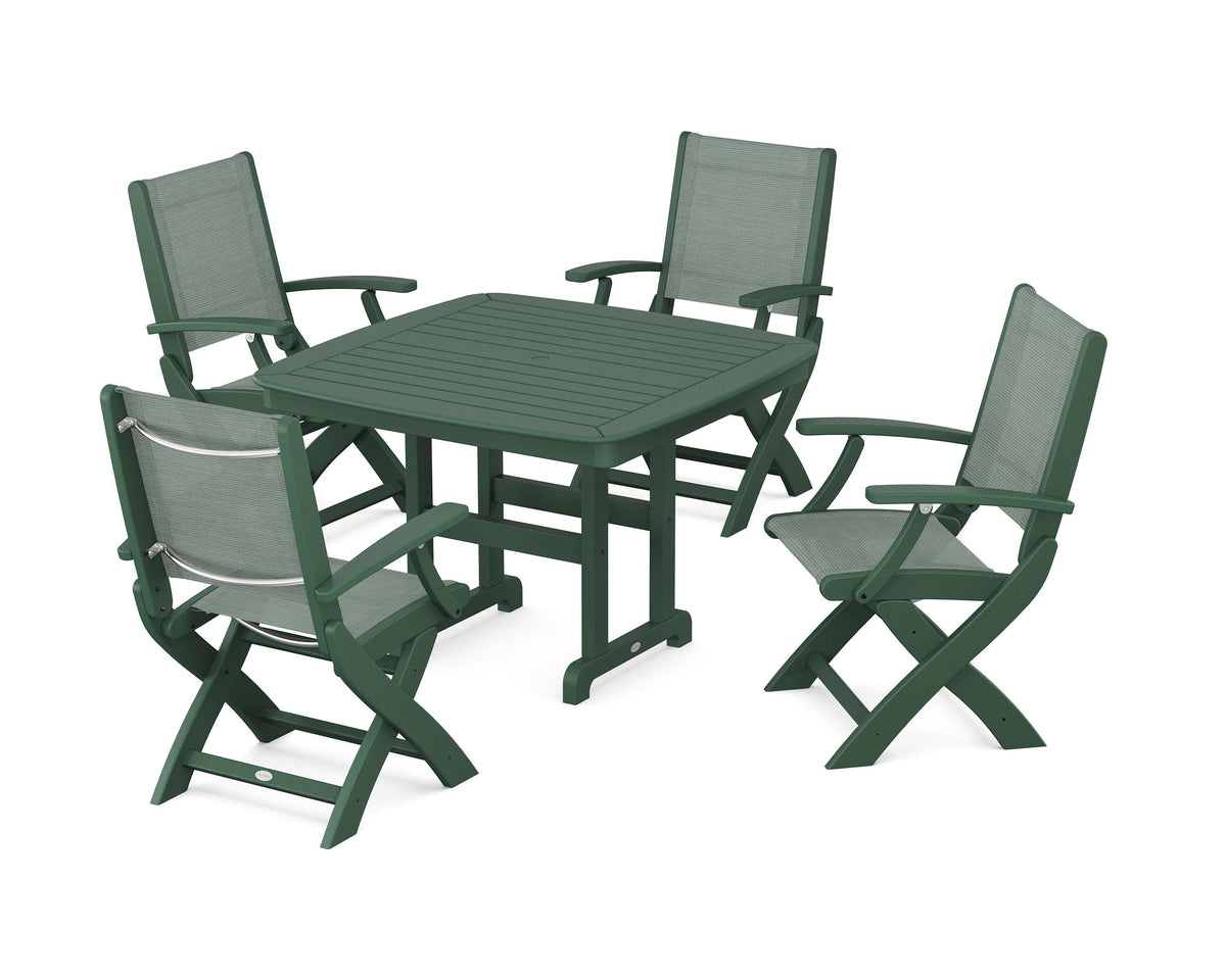 POLYWOOD Coastal Folding Chair 5-Piece Dining Set with Nautical 44" Dining Table in Green / Dupioni Sea Mist