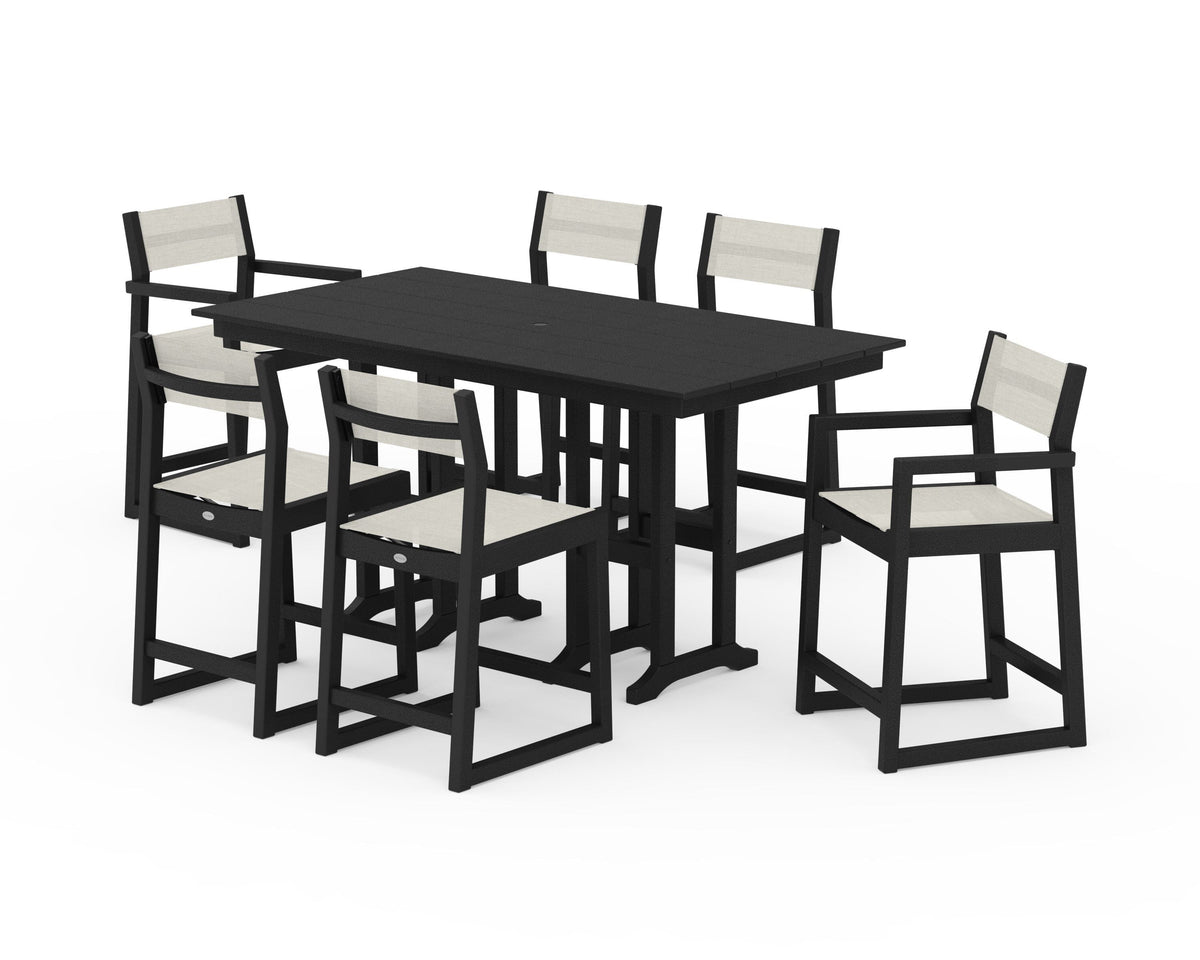 POLYWOOD EDGE Sling 7-Piece Farmhouse Counter Set with Trestle Legs in Black / Parchment