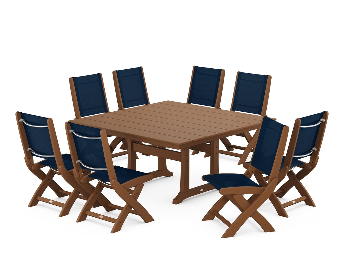 POLYWOOD Coastal Folding Side Chair 9-Piece Farmhouse Dining Set in Teak / Navy Blue