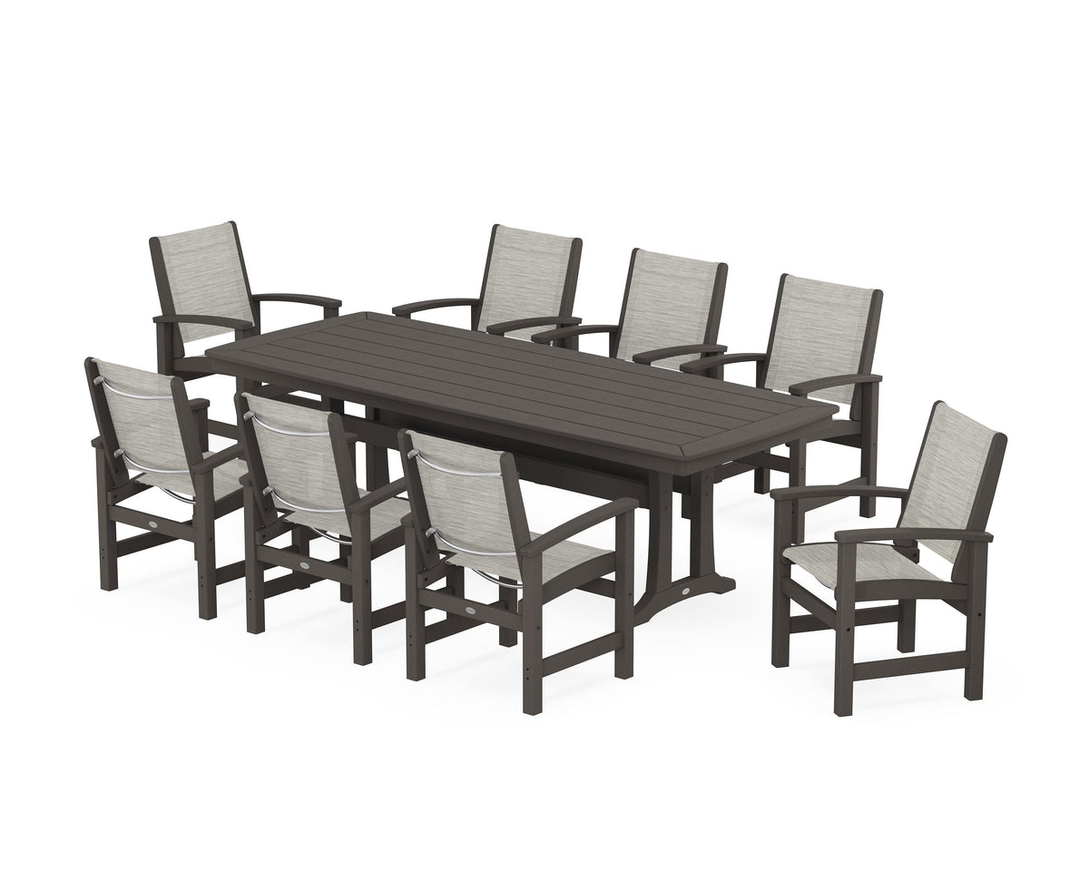 POLYWOOD Coastal 9-Piece Dining Set with Trestle Legs in Vintage Coffee / Birch