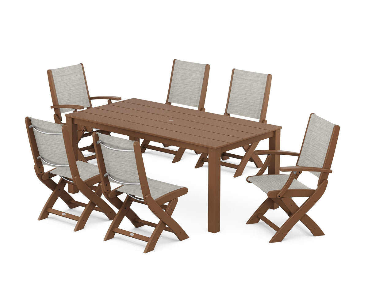 POLYWOOD Coastal Folding Chair 7-Piece Parsons Dining Set with Coastal Folding Side Chair in Teak / Birch