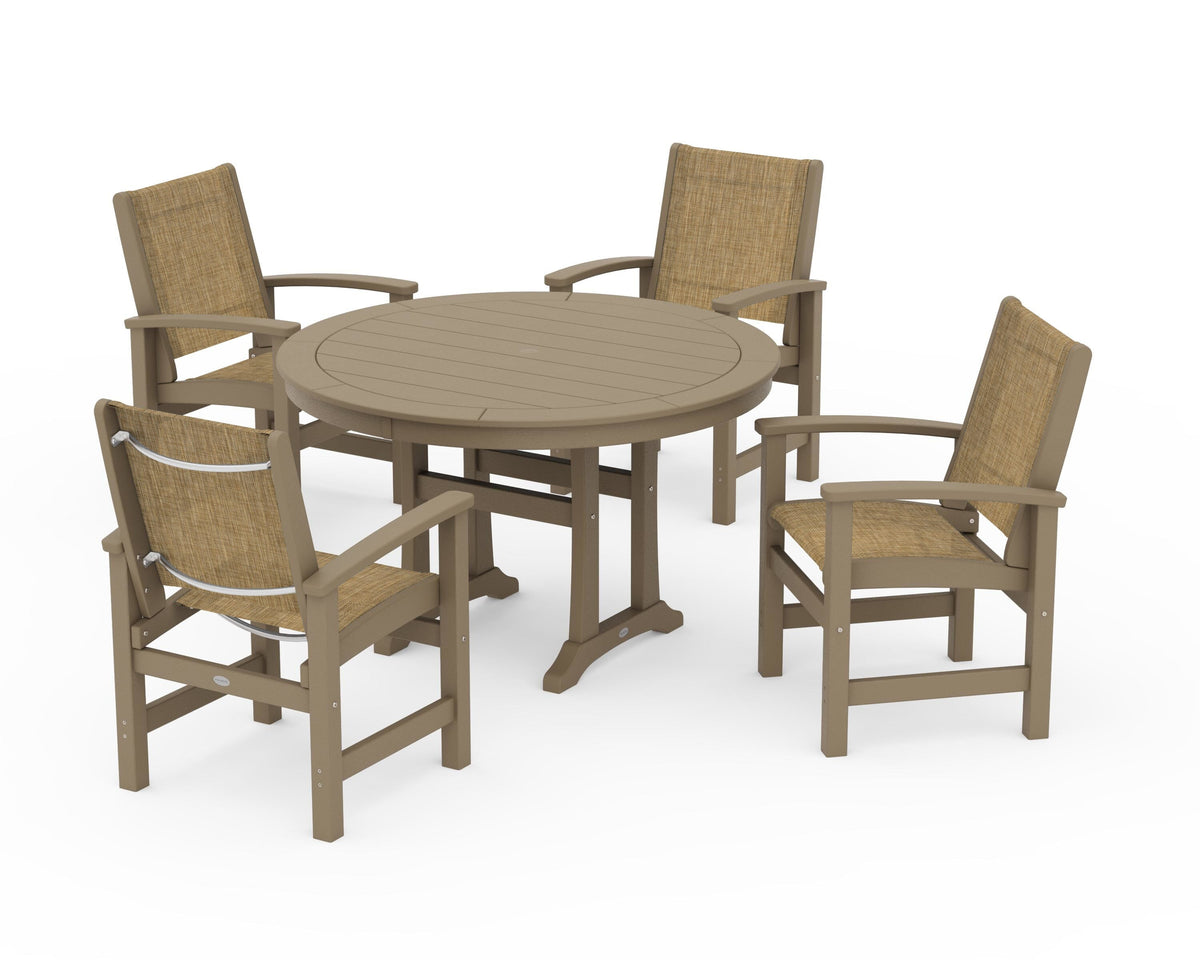 POLYWOOD Coastal 5-Piece Round Dining Set with Trestle Legs in Vintage Sahara / Burlap