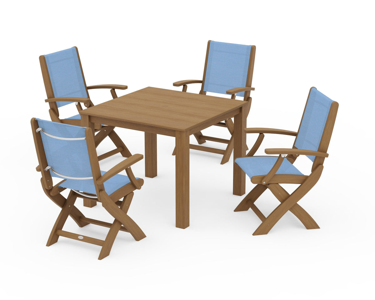POLYWOOD Coastal Folding Chair 5-Piece Parsons Dining Set in Natural / Poolside