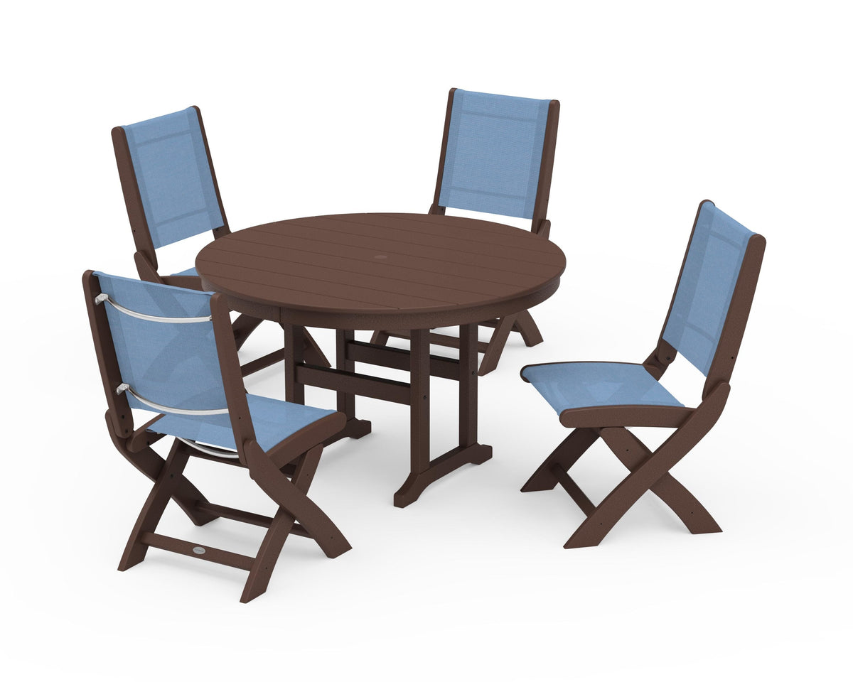POLYWOOD Coastal Folding Side Chair 5-Piece Round Dining Set in Mahogany / Poolside