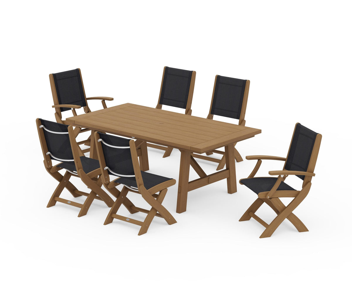 POLYWOOD Coastal Folding Chair 7-Piece Rustic Farmhouse Dining Set in Natural / Black