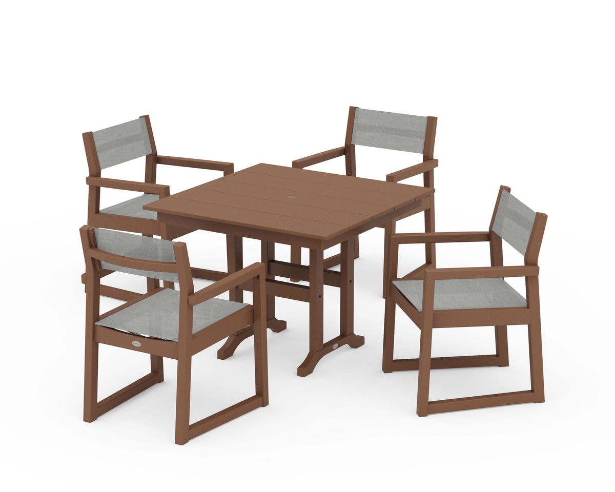 POLYWOOD EDGE Sling Arm Chair 5-Piece Farmhouse Dining Set in Teak / Metallic
