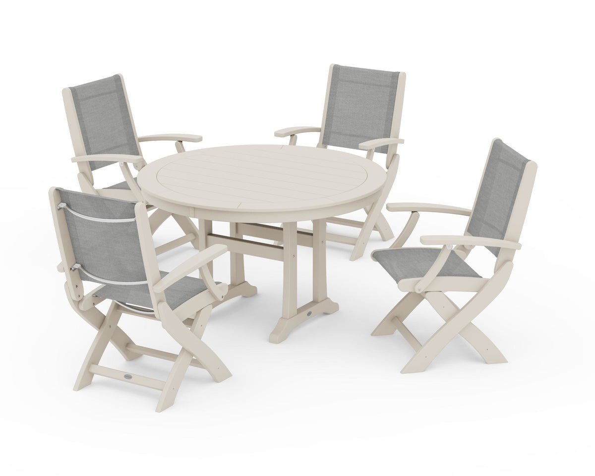 POLYWOOD Coastal Folding Chair 5-Piece Round Dining Set with Trestle Legs in Sand / Metallic