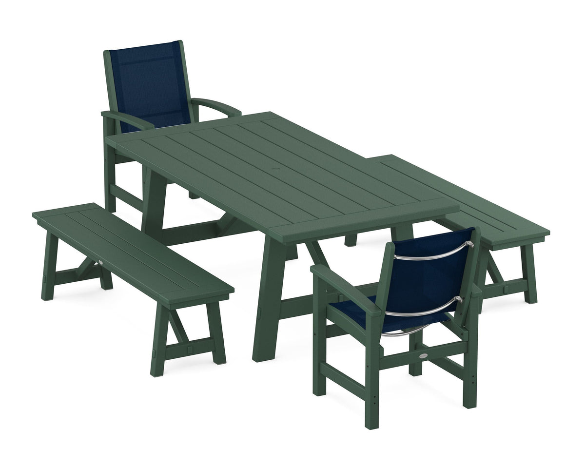 POLYWOOD Coastal 5-Piece Rustic Farmhouse Dining Set With Benches in Green / Navy Blue