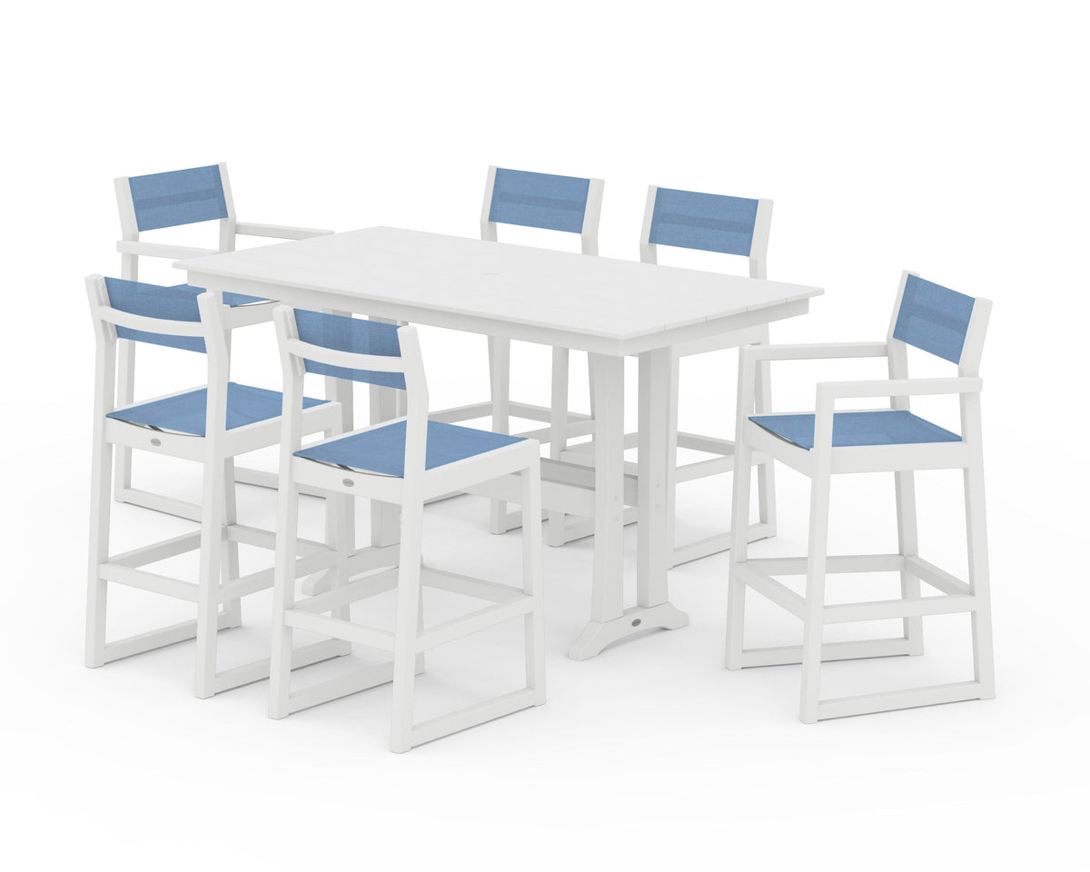 POLYWOOD EDGE Sling 7-Piece Farmhouse Bar Set with Trestle Legs in White / Poolside