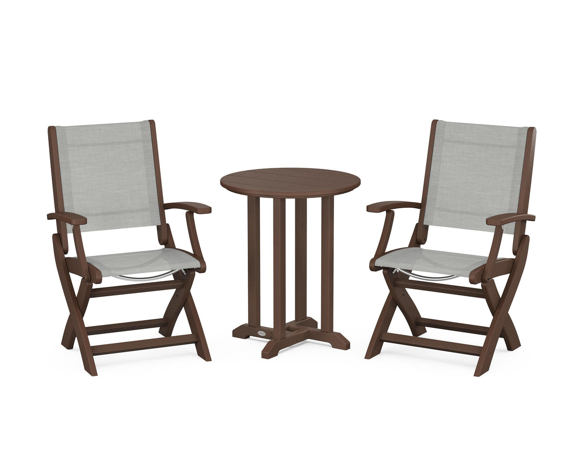 POLYWOOD Coastal Folding 3-Piece Round Bistro Dining Set in Mahogany / Metallic