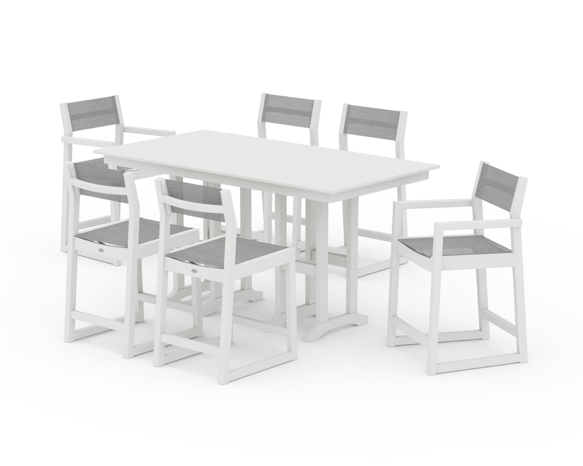 POLYWOOD EDGE Sling 7-Piece Farmhouse Counter Set with Trestle Legs in Vintage White / Metallic