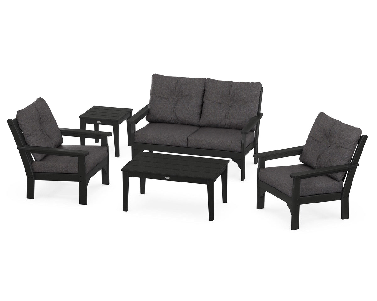 POLYWOOD Vineyard 5-Piece Deep Seating Set with Two Chairs and Loveseat in Black / Ash Charcoal