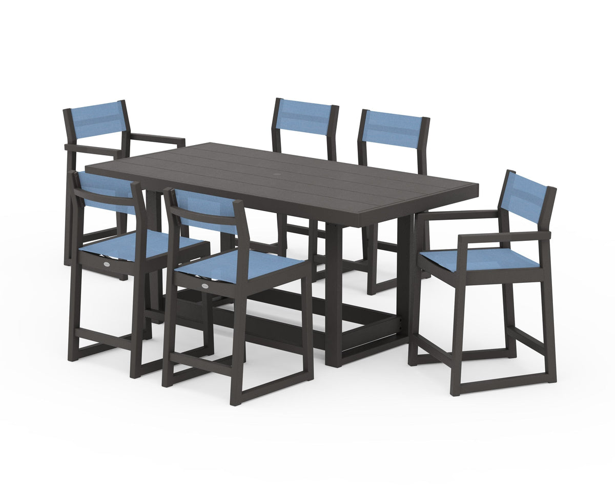 POLYWOOD EDGE Sling 7-Piece Counter Table Set in Vintage Coffee / Poolside
